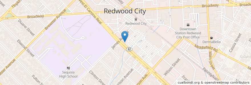Mapa de ubicacion de Max's Cafe en 미국, 캘리포니아주, San Mateo County, Redwood City.