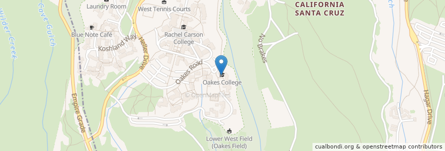 Mapa de ubicacion de Oakes College en 美利坚合众国/美利堅合眾國, 加利福尼亚州/加利福尼亞州, 圣塔克鲁兹县, 圣塔克鲁兹.