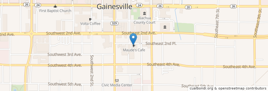Mapa de ubicacion de Maude's Cafe en Amerika Birleşik Devletleri, Florida, Alachua County, City Of Gainesville Municipal Boundaries, Gainesville.