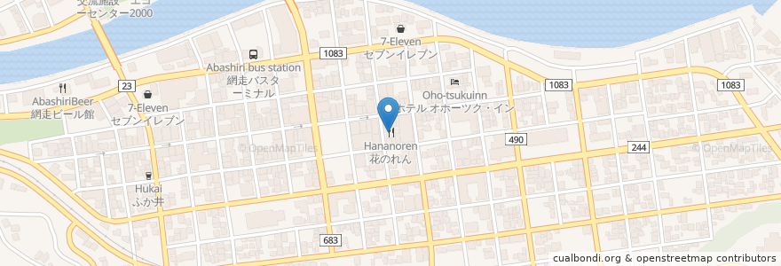 Mapa de ubicacion de 花のれん en Japonya, 北海道, オホーツク総合振興局, 網走市.