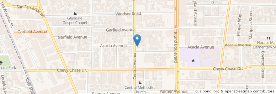 Mapa de ubicacion de Pizza Hut en 美利坚合众国/美利堅合眾國, 加利福尼亚州/加利福尼亞州, 洛杉矶县, Glendale.
