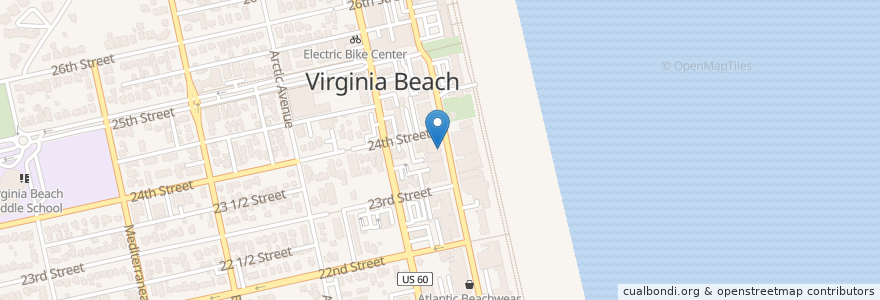 Mapa de ubicacion de Honey Bee Restaurant en 美利坚合众国/美利堅合眾國, 弗吉尼亚州 / 維吉尼亞州 / 維珍尼亞州, Virginia Beach.