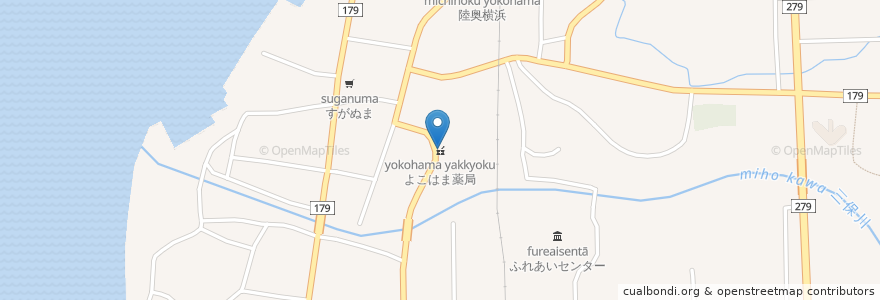 Mapa de ubicacion de よこはま薬局 en 日本, 青森県, 上北郡, 横浜町.