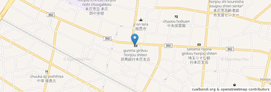 Mapa de ubicacion de 群馬銀行本庄支店 en 일본, 사이타마현, 本庄市.