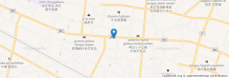Mapa de ubicacion de 足利銀行本庄支店 en Japón, Prefectura De Saitama, 本庄市.