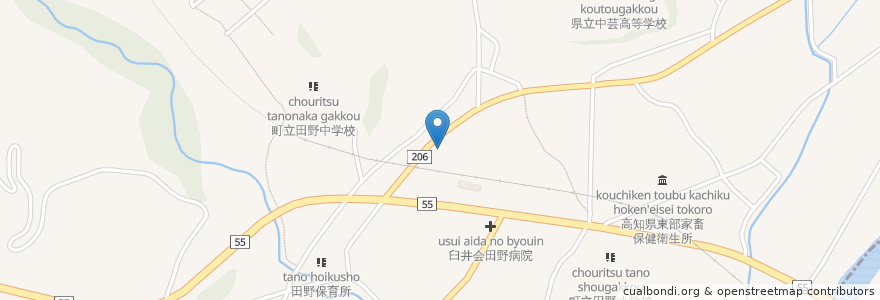 Mapa de ubicacion de 田野町 en Giappone, Prefettura Di Kōchi, 安芸郡, 田野町.