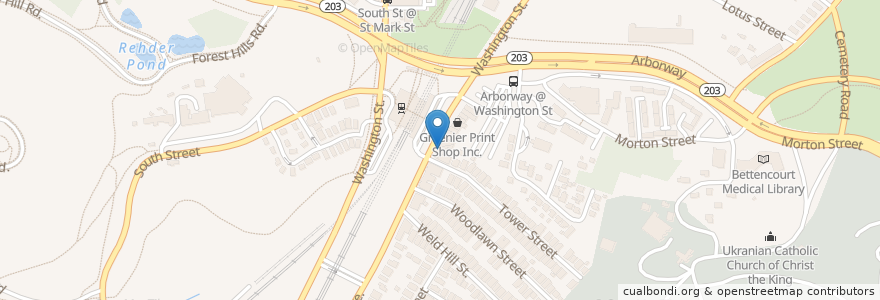 Mapa de ubicacion de Forest Hills Pizza en 미국, 매사추세츠, Suffolk County, Boston.