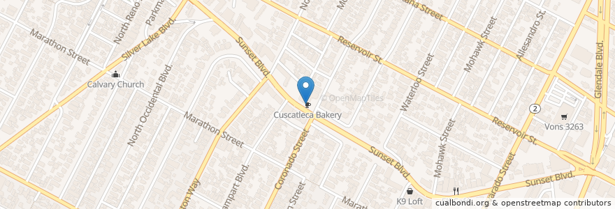 Mapa de ubicacion de Cuscatleca Bakery en アメリカ合衆国, カリフォルニア州, Los Angeles County, ロサンゼルス.