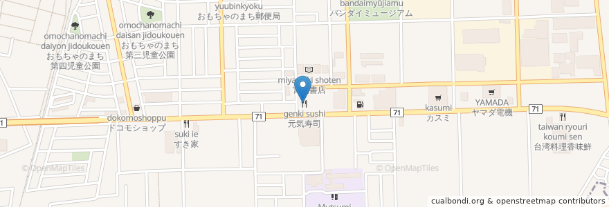 Mapa de ubicacion de 元気寿司 en Japan, Tochigi Prefecture, Shimotsuga County, Mibu.