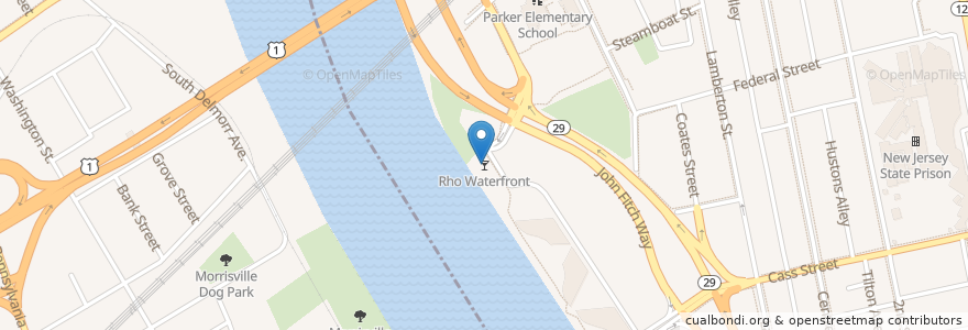 Mapa de ubicacion de Rho Waterfront en Amerika Syarikat, New Jersey, Bucks County, Mercer County, Trenton.