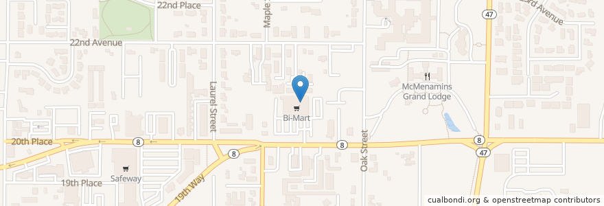 Mapa de ubicacion de Bi-Mart Pharmacy en アメリカ合衆国, オレゴン州, Washington County, Forest Grove.