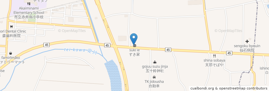 Mapa de ubicacion de すき家 en 일본, 미야기현, 東松島市.