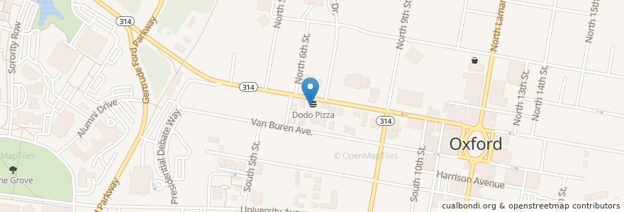 Mapa de ubicacion de Dodo Pizza en United States, Mississippi, Lafayette County, Oxford.
