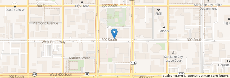 Mapa de ubicacion de 40 E 300 S Station en 미국, 유타 주, Salt Lake County, Salt Lake City.