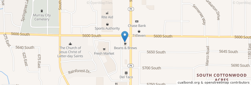 Mapa de ubicacion de Beans & Brews Coffee House en アメリカ合衆国, ユタ州, Salt Lake County, Murray.