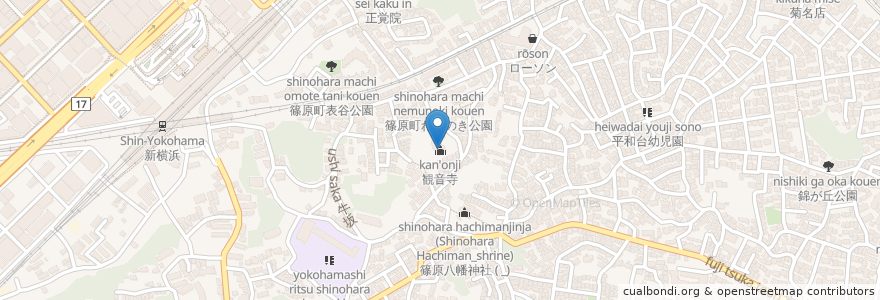 Mapa de ubicacion de 観音寺 en Japon, Préfecture De Kanagawa, 横浜市, 港北区.