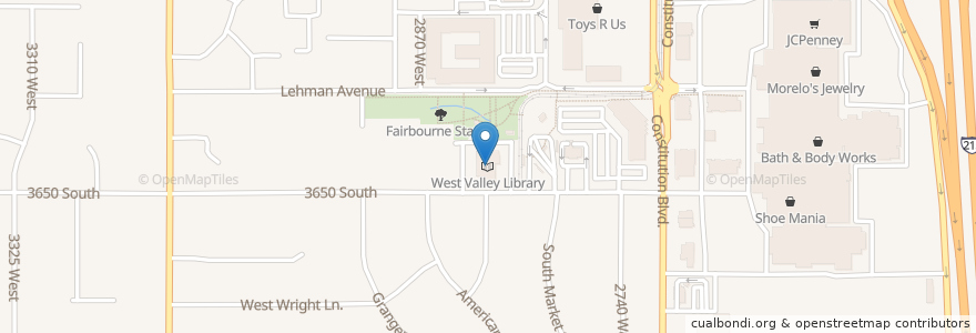 Mapa de ubicacion de West Valley Library en 미국, 유타 주, Salt Lake County, West Valley City.