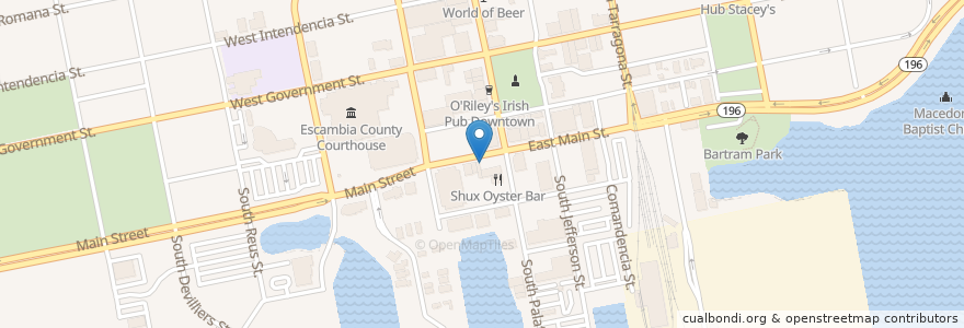 Mapa de ubicacion de Shux Oyster Bar en アメリカ合衆国, フロリダ州, Escambia County, Pensacola.