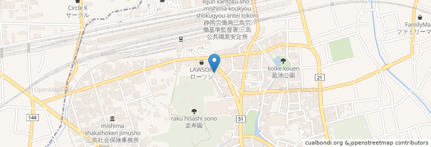 Mapa de ubicacion de 創作料理 ゆうが en Jepun, 静岡県, 三島市.