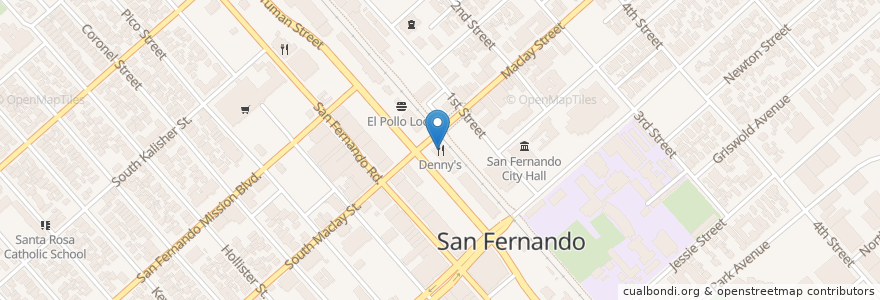 Mapa de ubicacion de Denny's en Соединённые Штаты Америки, Калифорния, Los Angeles County, Лос-Анджелес, San Fernando.