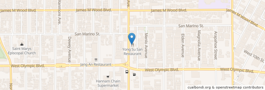 Mapa de ubicacion de Yong Su San Restaurant en アメリカ合衆国, カリフォルニア州, Los Angeles County, ロサンゼルス.