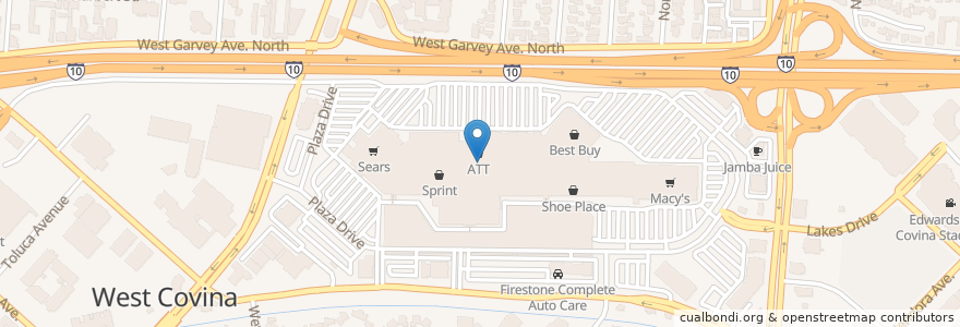 Mapa de ubicacion de Sbarro en 美利坚合众国/美利堅合眾國, 加利福尼亚州/加利福尼亞州, 洛杉矶县, West Covina, West Covina.