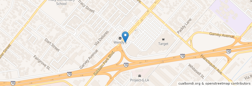 Mapa de ubicacion de Taco Bell en アメリカ合衆国, カリフォルニア州, Los Angeles County, Baldwin Park.