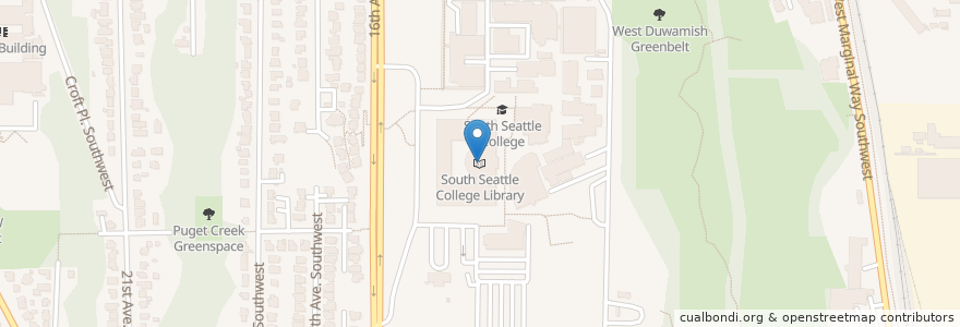Mapa de ubicacion de South Seattle College Library en 미국, 워싱턴, King County, Seattle.