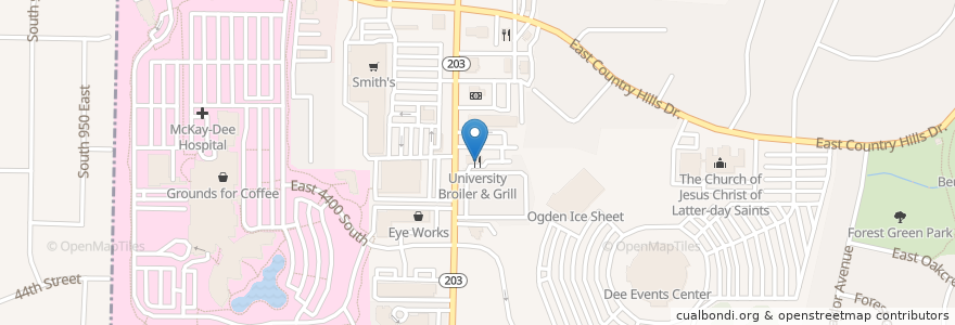 Mapa de ubicacion de University Broiler & Grill en États-Unis D'Amérique, Utah, Weber County, Ogden.