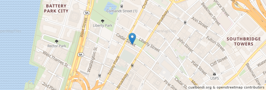 Mapa de ubicacion de Trinity Place Bar and Restaurant en Соединённые Штаты Америки, Нью-Йорк, Нью-Йорк, Округ Нью-Йорк, Manhattan Community Board 1, Манхэттен.