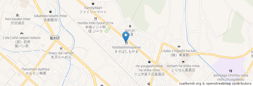 Mapa de ubicacion de きそばしもやま en 日本, 栃木県, 足利市.