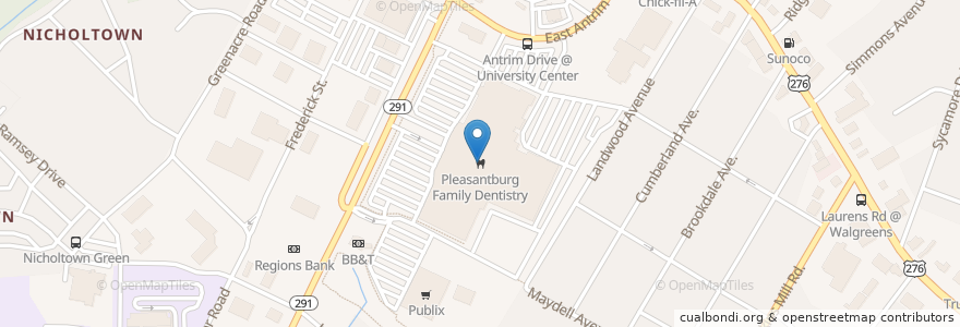 Mapa de ubicacion de Pleasantburg Family Dentistry en United States, South Carolina, Greenville County, Greenville.