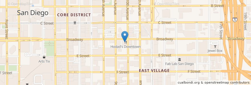 Mapa de ubicacion de Hodad's Downtown en Estados Unidos De América, California, San Diego County, San Diego.