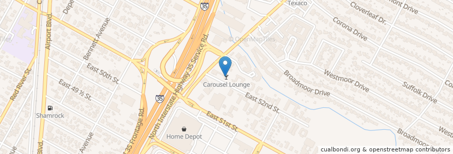 Mapa de ubicacion de Carousel Lounge en 美利坚合众国/美利堅合眾國, 得克萨斯州 / 德克薩斯州 / 德薩斯州, Travis County, 奥斯汀 / 柯士甸.