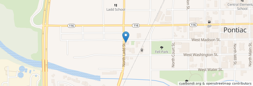 Mapa de ubicacion de Marios Pizza en Amerika Syarikat, Illinois, Livingston County, Pontiac.