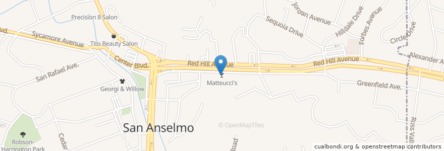 Mapa de ubicacion de Matteucci's en アメリカ合衆国, カリフォルニア州, Marin County, San Anselmo.