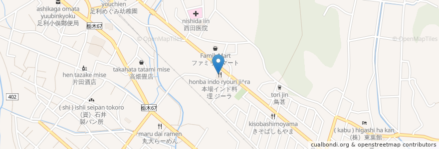 Mapa de ubicacion de 本場インド料理 ジーラ en Japonya, 栃木県, 足利市.