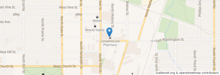 Mapa de ubicacion de CompleteCare Pharmacy en Amerika Syarikat, Illinois, Champaign County, Champaign.