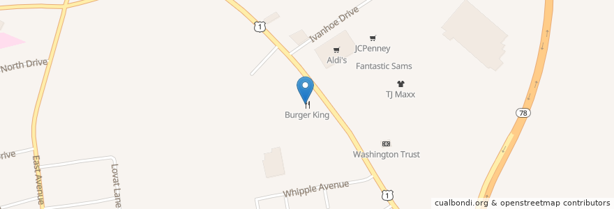 Mapa de ubicacion de Burger King en United States, Rhode Island, Washington County, Westerly.