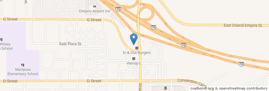 Mapa de ubicacion de In-N-Out Burger en الولايات المتّحدة الأمريكيّة, كاليفورنيا, San Bernardino County, أونتاريو، كاليفورنيا.