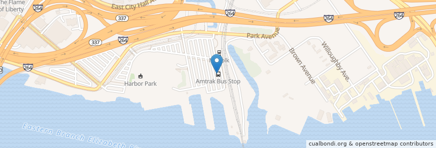 Mapa de ubicacion de Amtrak Bus Stop en 미국, 버지니아, Norfolk.