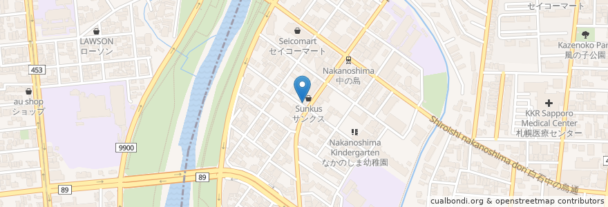 Mapa de ubicacion de 中の島せつこ内科クリニック en Japão, 北海道, 石狩振興局, Sapporo, 中央区, 豊平区.