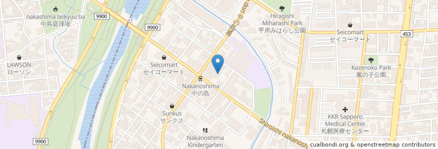 Mapa de ubicacion de 中の島興正保育園 en Japan, 北海道, 石狩振興局, Sapporo, 中央区, 豊平区.