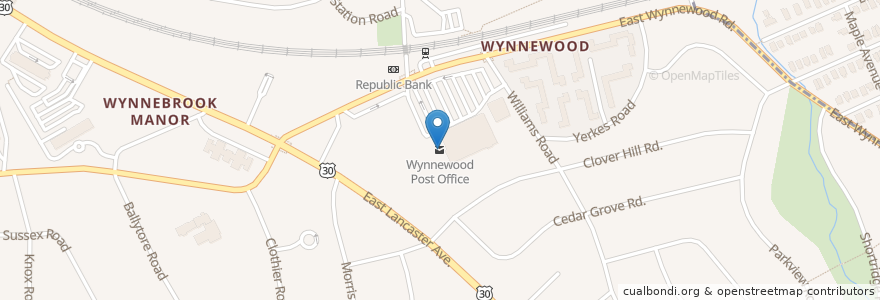 Mapa de ubicacion de Wynnewood Post Office en United States, Pennsylvania, Montgomery County, Lower Merion Township.