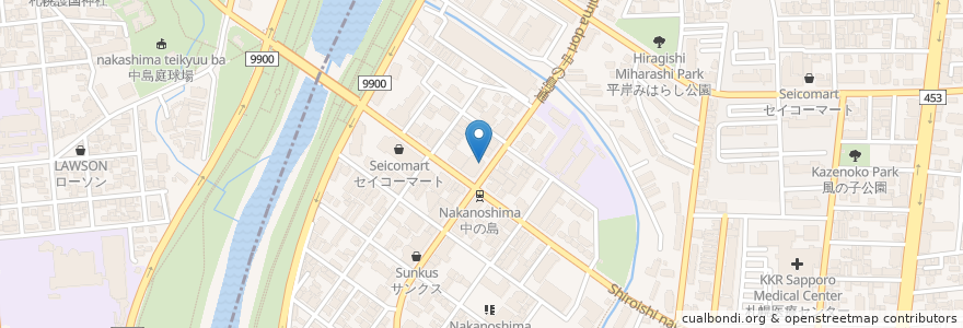 Mapa de ubicacion de イオン銀行 en Japan, Präfektur Hokkaido, 石狩振興局, 札幌市, 中央区, 豊平区.