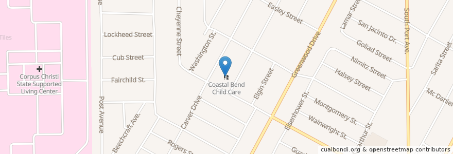 Mapa de ubicacion de Coastal Bend Child Care en Amerika Birleşik Devletleri, Corpus Christi, Teksas, Nueces County.