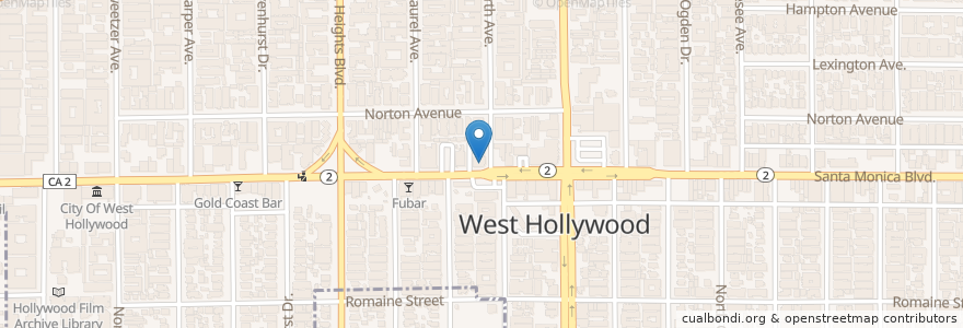 Mapa de ubicacion de Baby Blues BBQ en Amerika Birleşik Devletleri, Kaliforniya, Los Angeles County, Los Angeles, West Hollywood.