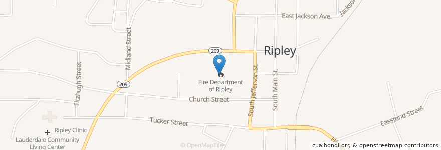 Mapa de ubicacion de Fire Department of Ripley en 미국, 테네시, Lauderdale County, Ripley.