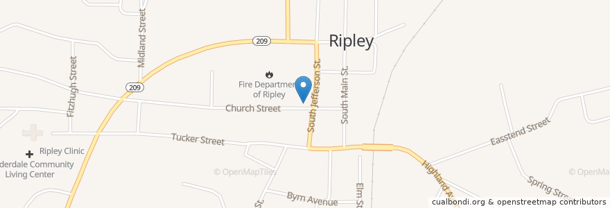 Mapa de ubicacion de First Presbyterian Church en 美利坚合众国/美利堅合眾國, 田纳西州, Lauderdale County, Ripley.