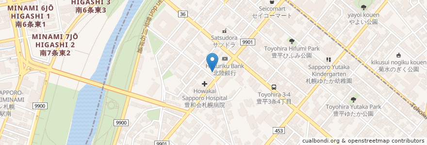Mapa de ubicacion de 豊平橋郵便局 en Япония, Хоккайдо, Округ Исикари, Саппоро, Тюо, Тоёхира.